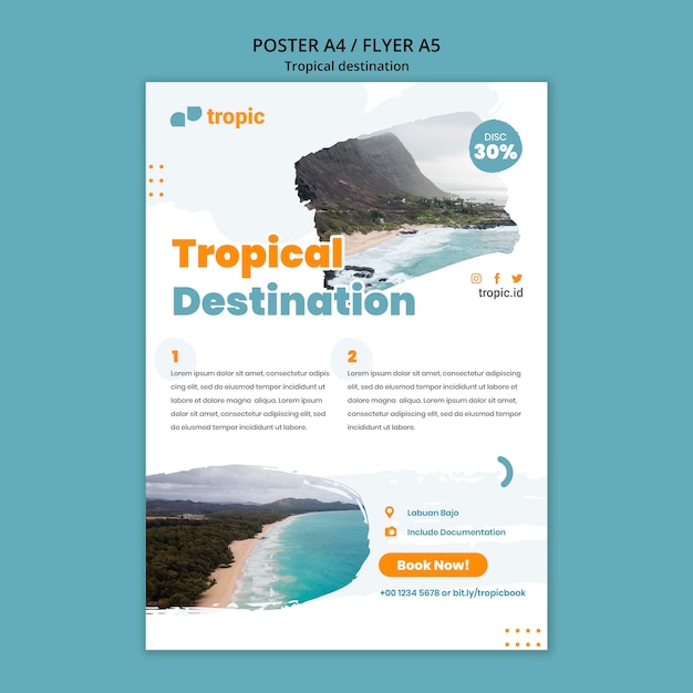 Modello di poster verticale di viaggio di destinazione tropicale