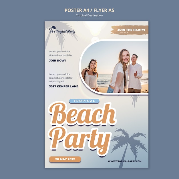 PSD gratuito modello di poster verticale destinazione tropicale con palme