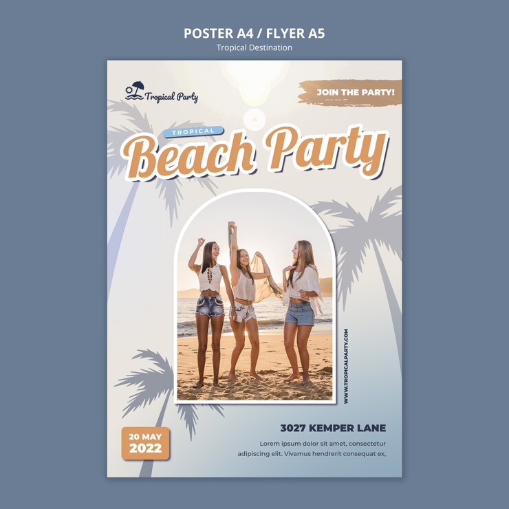 無料PSD ヤシの木と熱帯の目的地の垂直ポスターテンプレート