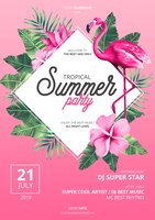 Tropical summer party poster template with pink flamingo