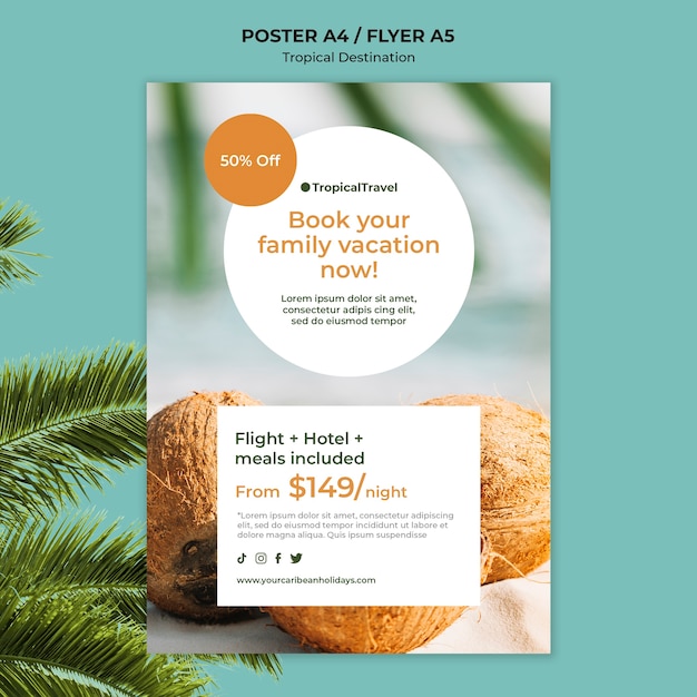 Free PSD tropical travel destination vertical poster template