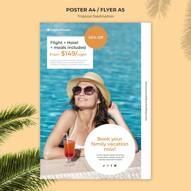 Tropical travel destination vertical poster template