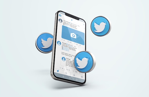 Twitter on silver mobile phone mockup with 3d icons