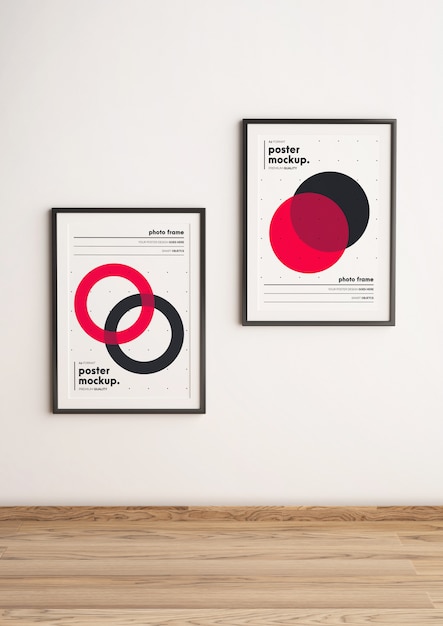 Two framed poster template mockup hanged on wall