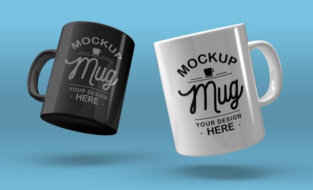 Two mugs on blue background mockup