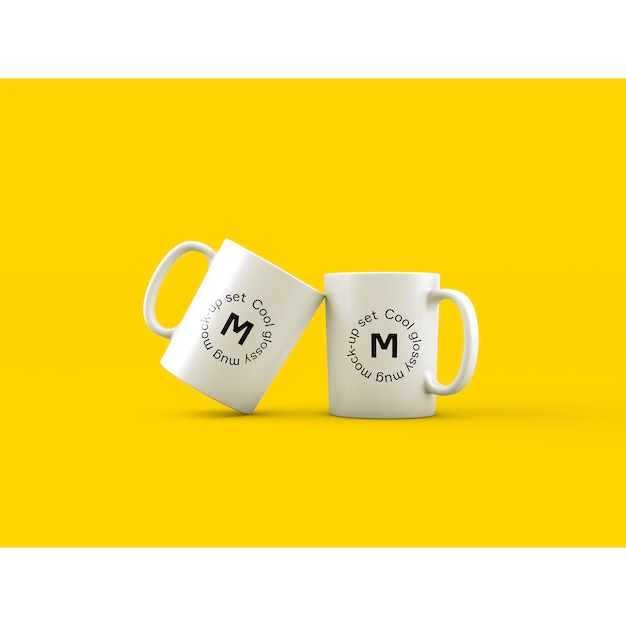 Free PSD two mugs on yellow background mock up