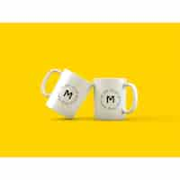 Free PSD two mugs on yellow background mock up