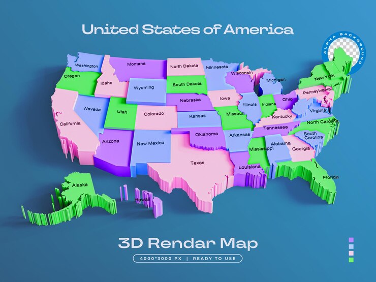 Free PSD united states of america map isolated 3d render illustration