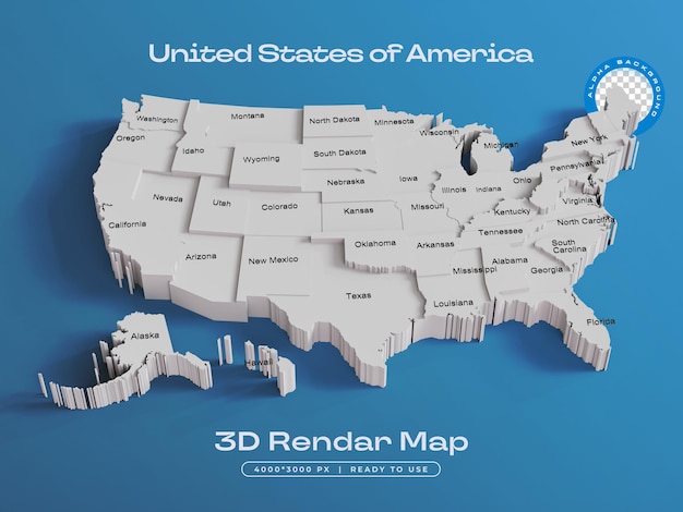 무료 PSD 미국 지도 고립 3d 렌더링 일러스트레이션