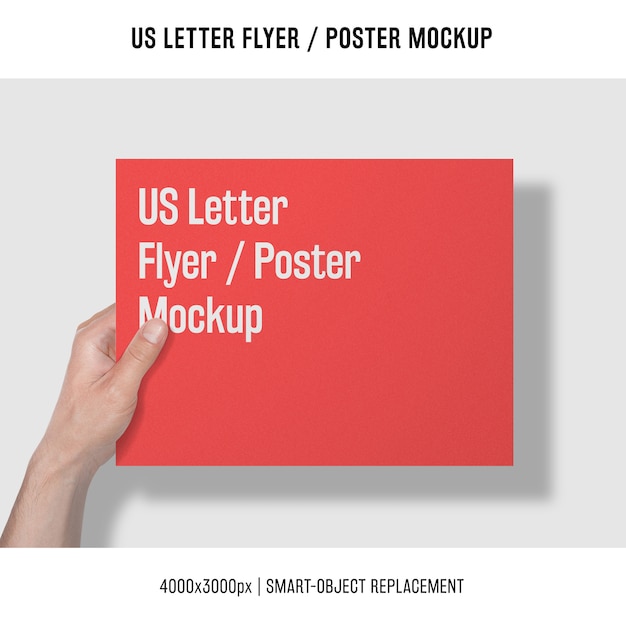 Free PSD us letter flyer or poster mockup with hand