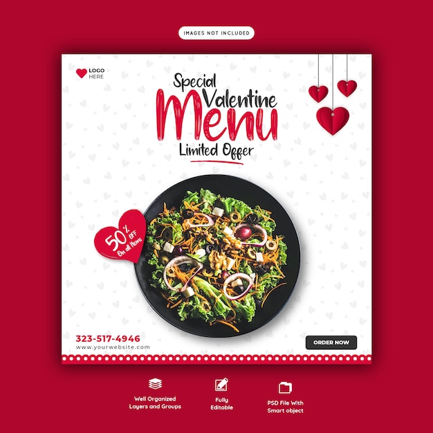 발렌타인 음식 메뉴 및 레스토랑 소셜 미디어 배너 서식 파일