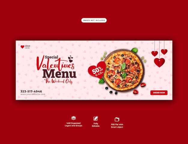 Menu di cibo di san valentino e modello di banner copertina di facebook deliziosa pizza