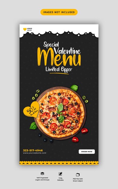 발렌타인 음식 메뉴와 맛있는 피자 Instagram 및 facebook 스토리 템플릿