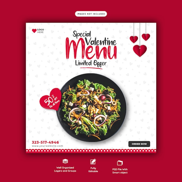 Valentine food menu and restaurant social media banner template