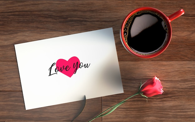 Free PSD valentine's day card with coffe and rose