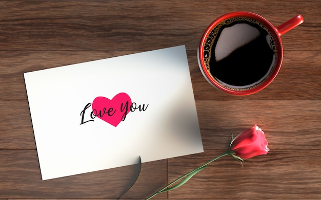 Valentine's day card with coffe and rose