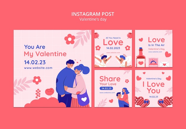PSD gratuito insieme della posta di instagram di celebrazione di san valentino