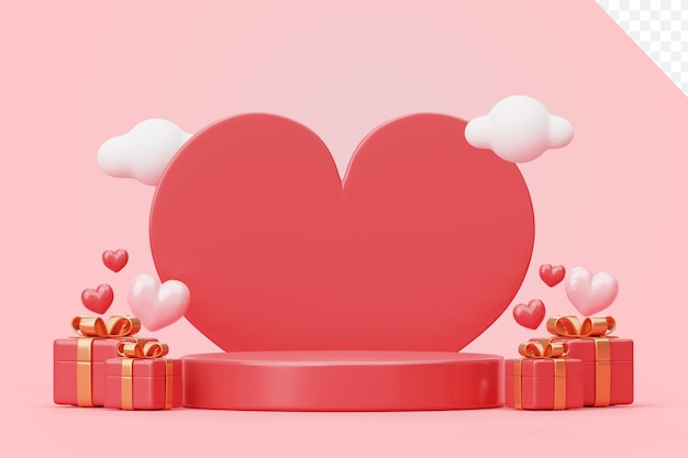 バレンタインデーセール、ハートとギフトボックスの背景を持つ豪華なピンクの表彰台3dイラスト、プロダクトプレイスメント用の空のディスプレイシーンプレゼンテーション