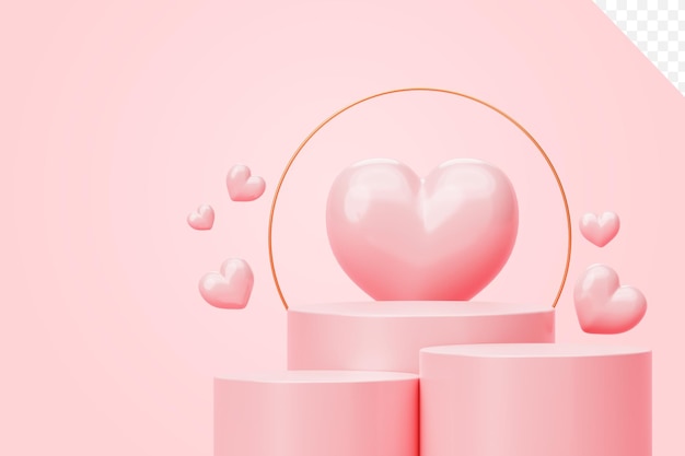 Free PSD valentine's day sale pink podium with heart background 3d illustration empty display scene presentation for product placement