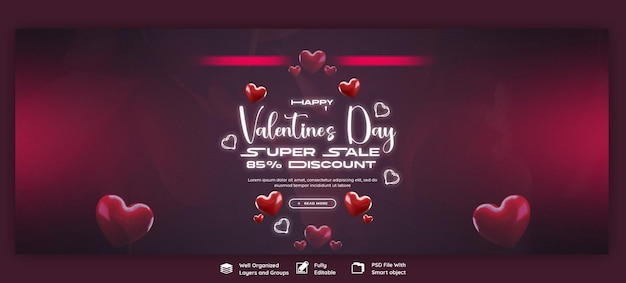 PSD gratuito template di banner di copertina di facebook per il giorno di san valentino e super sale