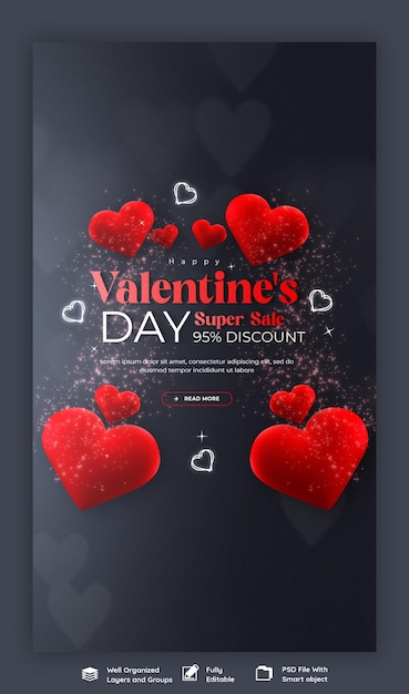 PSD gratuito valentines day e super sale template di post di storie per instagram e facebook