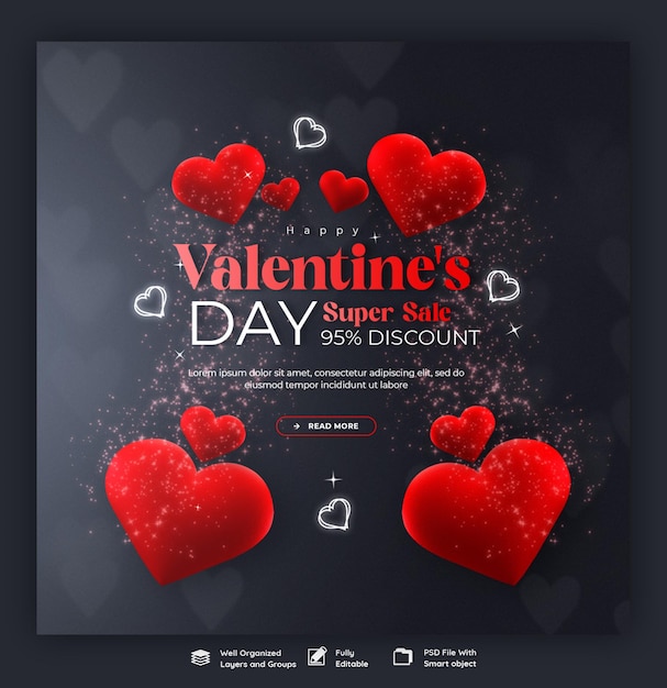 PSD gratuito giorno di san valentino e super vendita banner di social media o modello di post