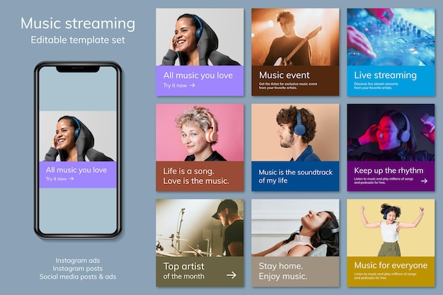 PSD gratuito vari modelli di pubblicità musicale psd per set di post sui social media