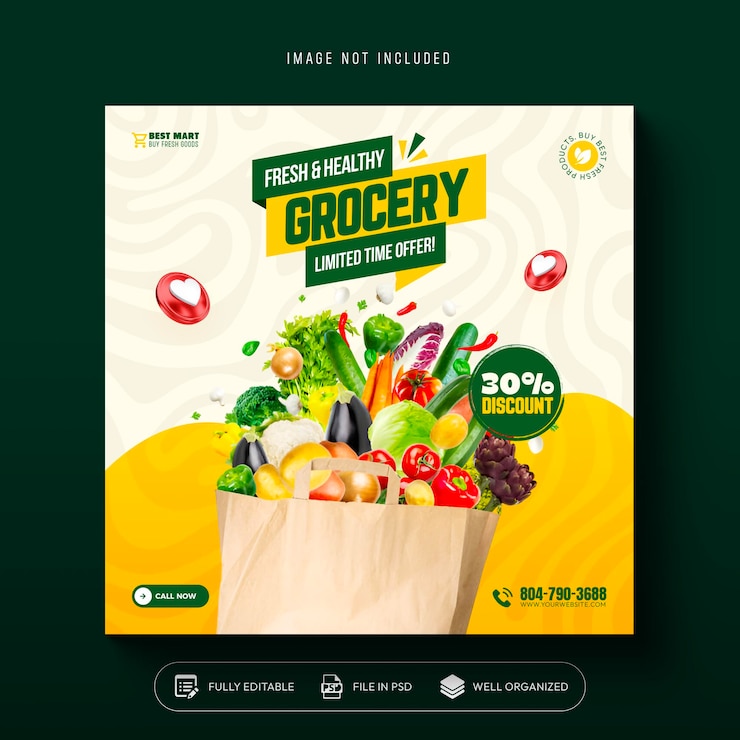 Free PSD vegetable and fruit grocery delivery social media instagram post template design