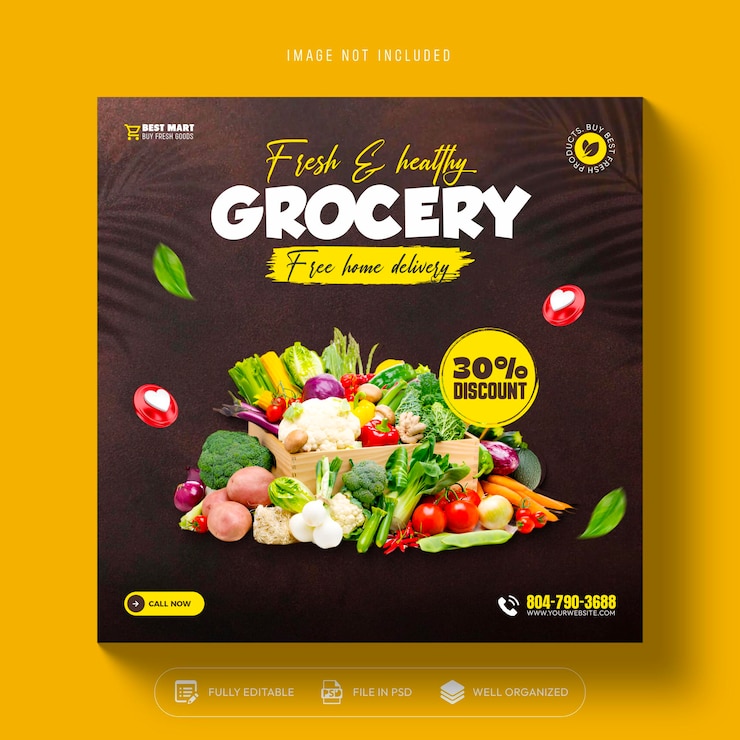 Free PSD vegetable and fruit grocery delivery social media instagram post template design