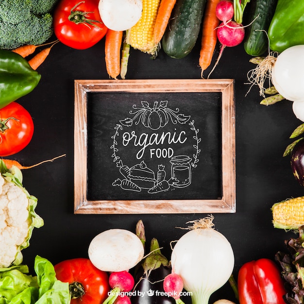 Vegetables mockup with slate in middle