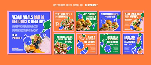 PSD gratuito raccolta di post di instagram ristorante vegetariano con verdure