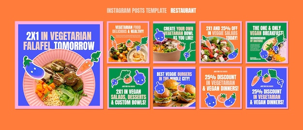 PSD gratuito raccolta di post di instagram ristorante vegetariano con verdure