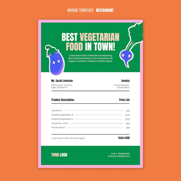 Free PSD vegetarian restaurant invoice template with vegetables