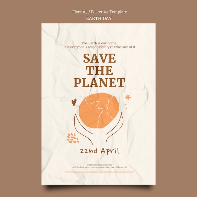 Free PSD vertical flyer for earth day with wrinkled paper texture and hand drawn elements