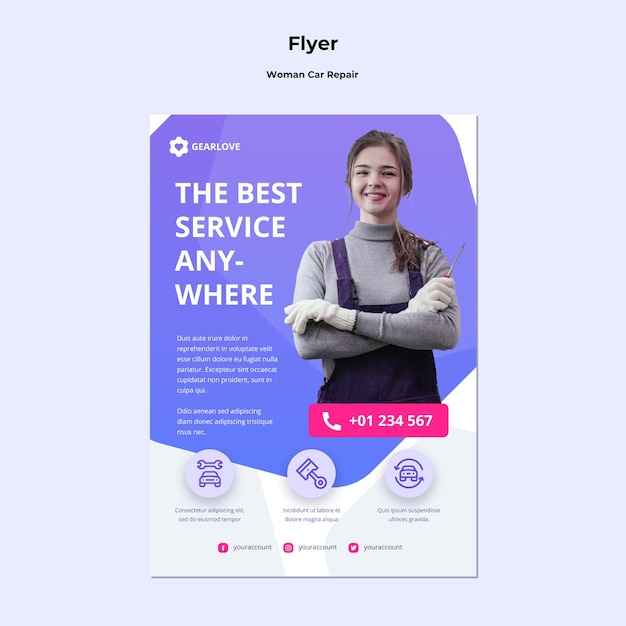 Vertical flyer for female auto mechanic