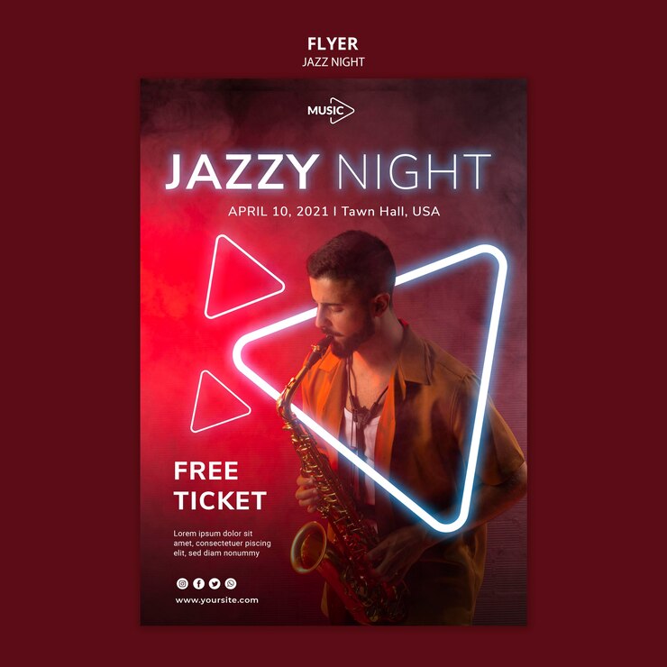 Free PSD vertical flyer for neon jazz night event