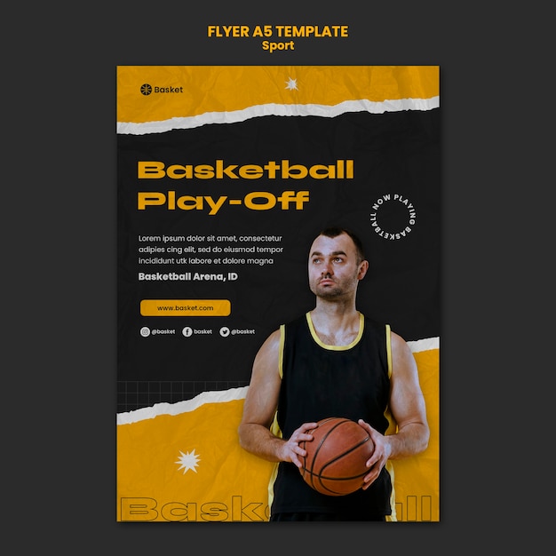 PSD gratuito modello di volantino verticale per partita di basket con giocatore maschio