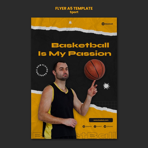 Free PSD vertical flyer template for basketball game with male player