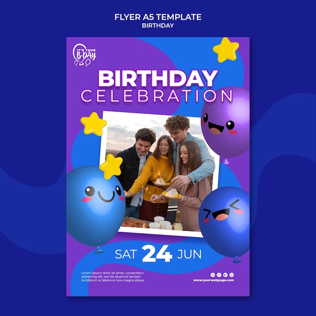 Free PSD vertical flyer template for birthday party with funny balloons