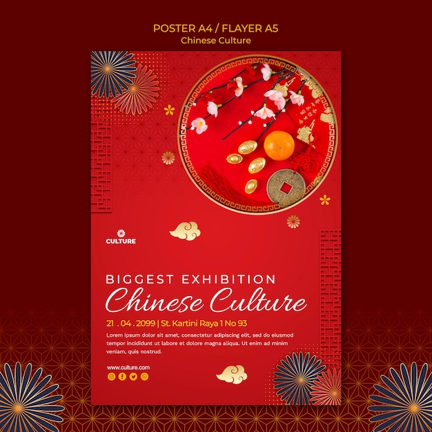 Free PSD vertical flyer template for chinese culture exhibition