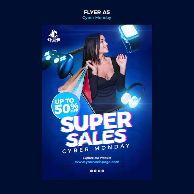 Free PSD vertical flyer template for cyber monday with woman and items