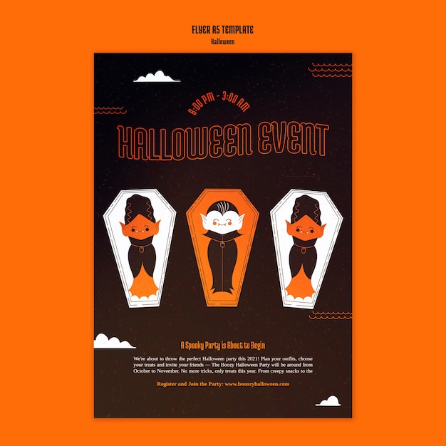 Free PSD vertical flyer template for halloween with vampire in coffin