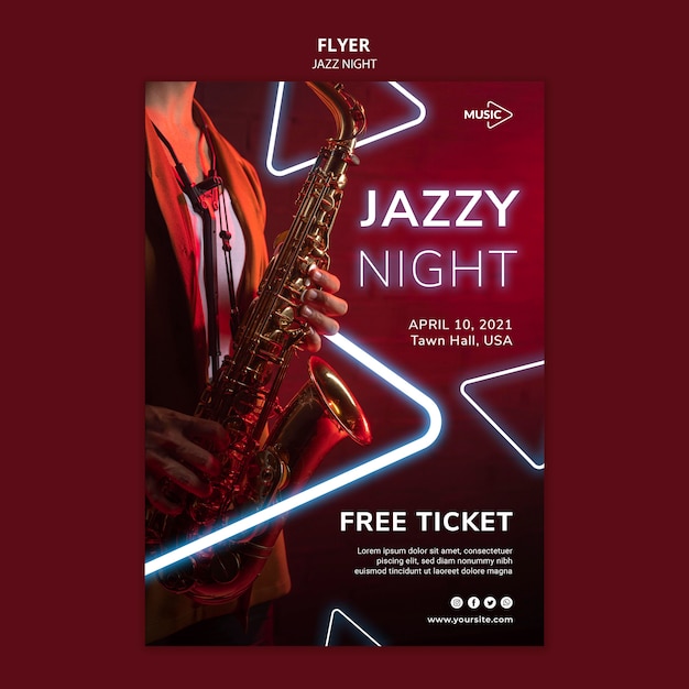 PSD gratuito modello di volantino verticale per evento notturno al neon jazz