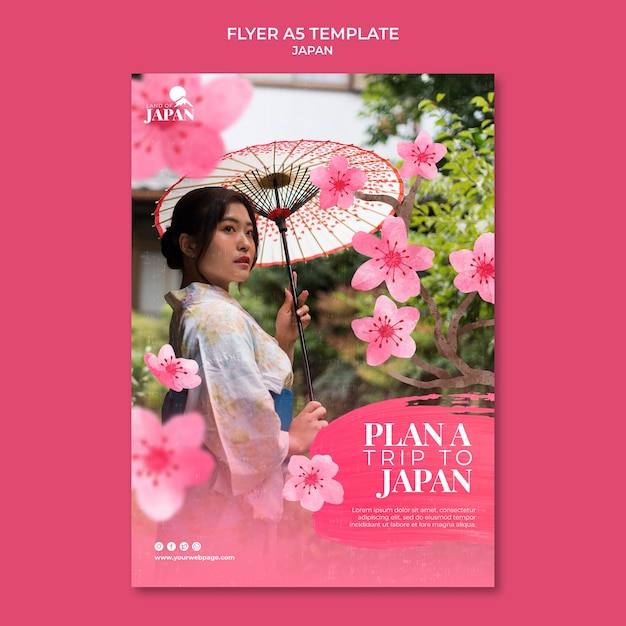 Free PSD vertical flyer template for traveling to japan with woman and cherry blossom