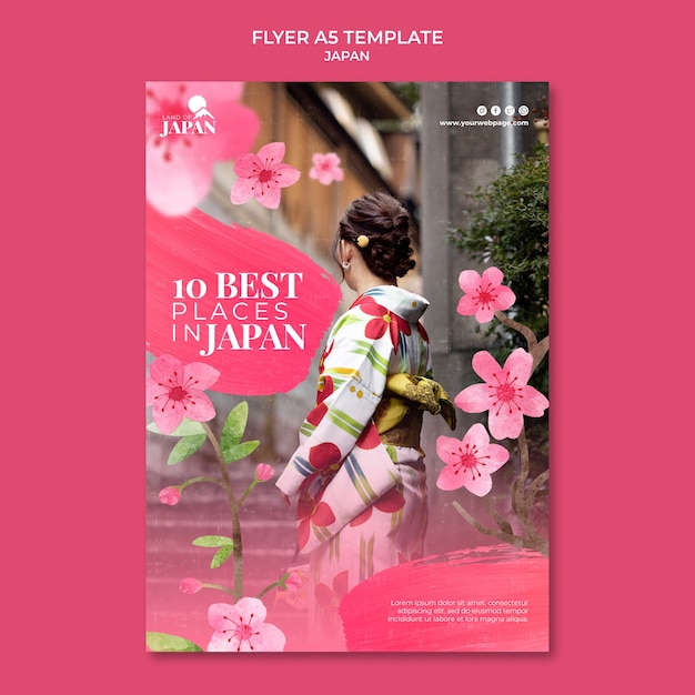 여자와 벚꽃과 함께 일본 여행을 위한 수직 전단지 템플릿