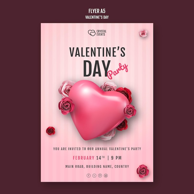 Free PSD vertical flyer template for valentine's day with heart and red roses