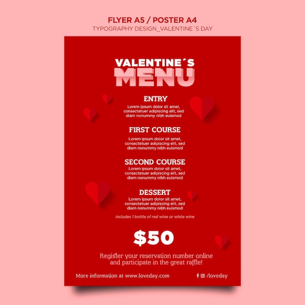 PSD gratuito modello di volantino verticale per san valentino con cuori