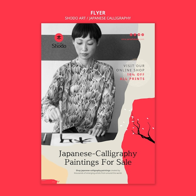 Free PSD vertical flyer with woman practicing japanese shodo art