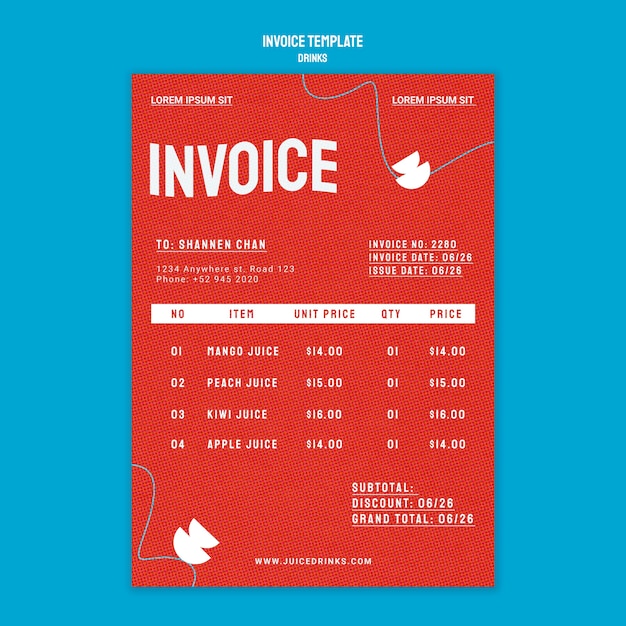 無料PSD 健康的なフルーツジュースの垂直請求書テンプレート