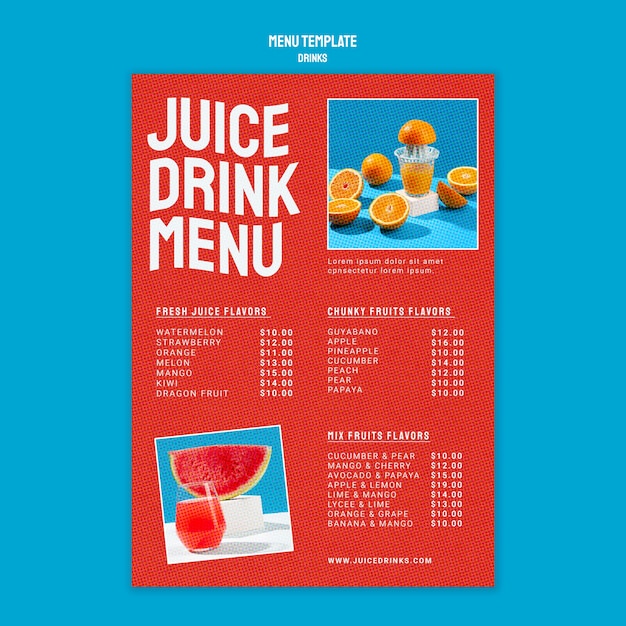 Vertical menu template for healthy fruit juice